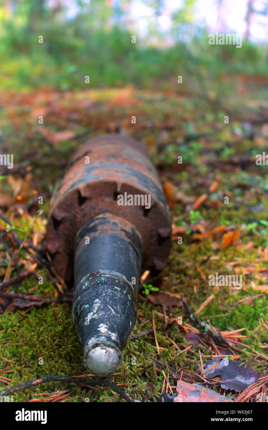 Mortar shell found in the woods Stock Photo