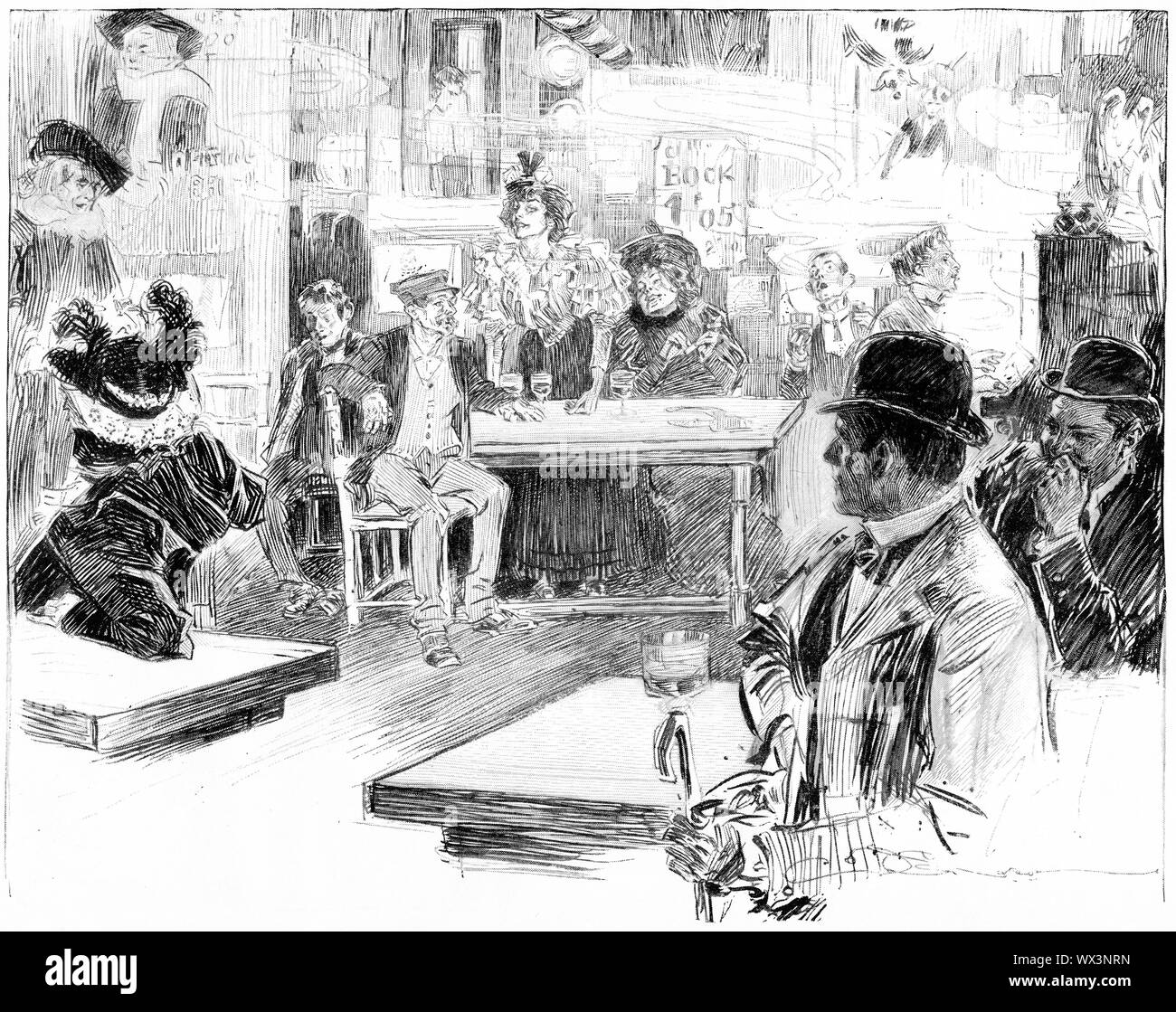Engraving of a typical scene at a cafe in the  19th century. From Harper's Magazine, 1895. Stock Photo