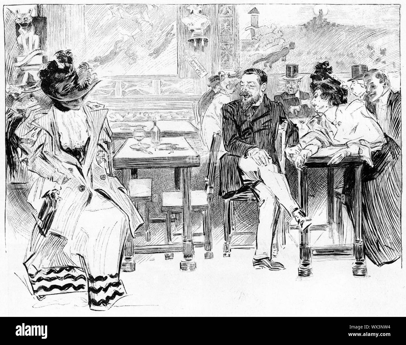 Engraving of a typical scene at a cafe in the  19th century. From Harper's Magazine, 1895. Stock Photo