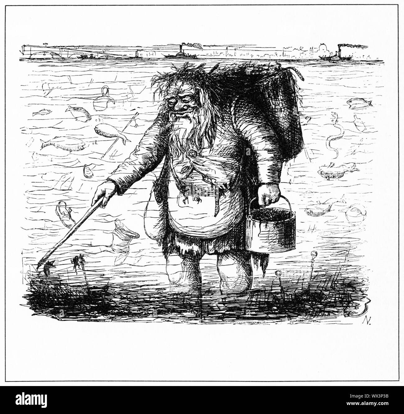 Engraving of Old Father Thames vainly trying to clean up the mess in the Thames River in London. From Punch magazine. Stock Photo