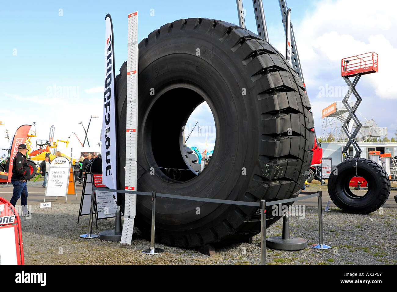 Hyvinkaa, Finland. September 6, 2019. Bridgestone presents world's biggest tire, 4,02 m tall, weight 5750 kg, for heavy mining vehicles on Maxpo 2019. Stock Photo