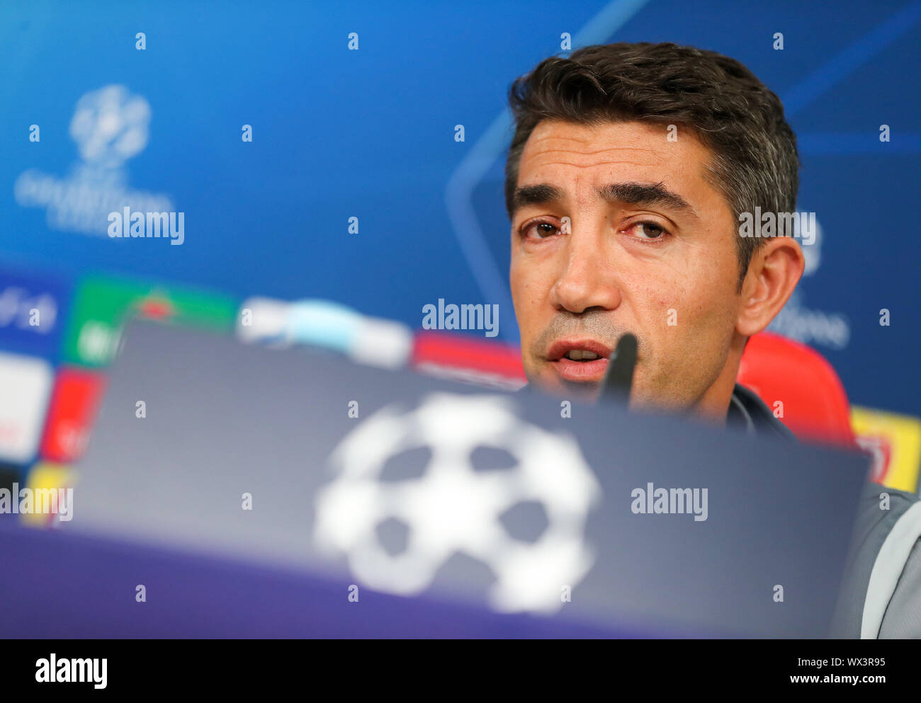 Lissabon, Portugal. 16th Sep, 2019. Soccer: Champions League, Group stage, Benfica Lisbon - RB Leipzig in Estadio da Luz. Benfica coach Bruno Lage attends the press conference. Credit: Jan Woitas/dpa-Zentralbild/dpa/Alamy Live News Stock Photo