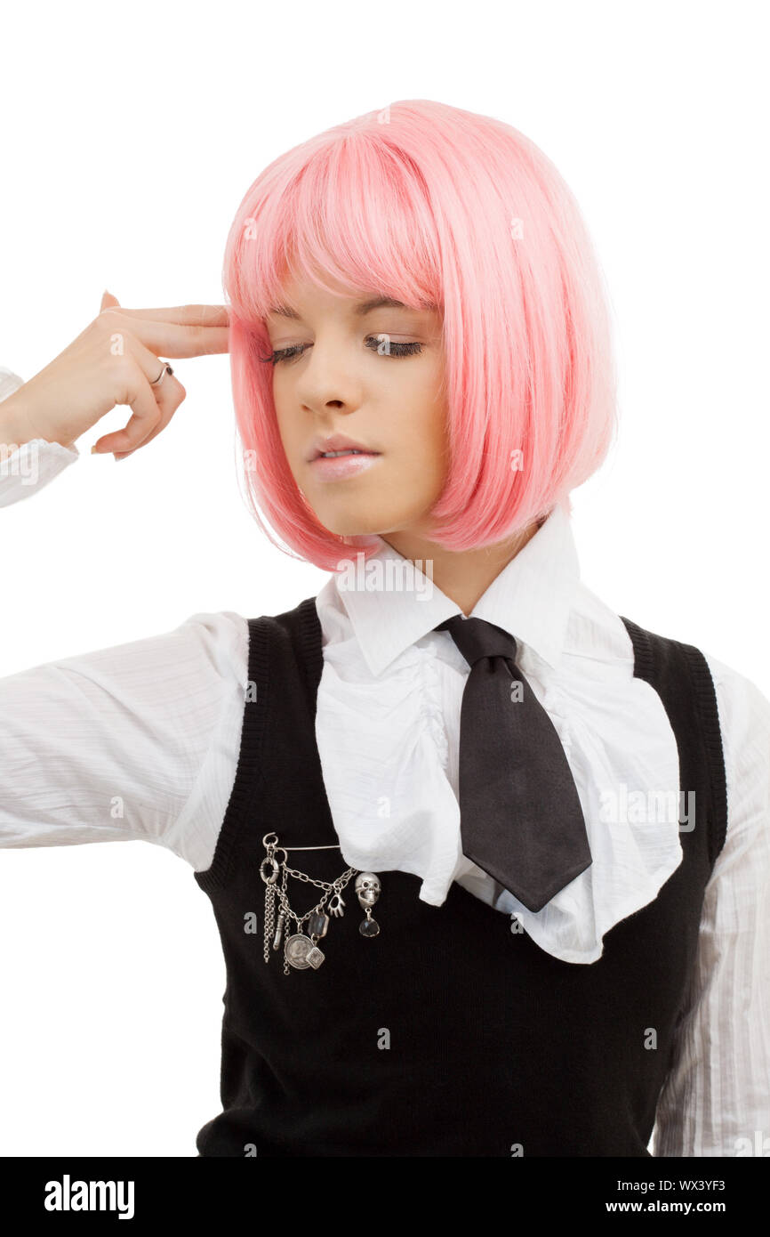 picture of emo girl pointing imaginary gun at her head Stock Photo