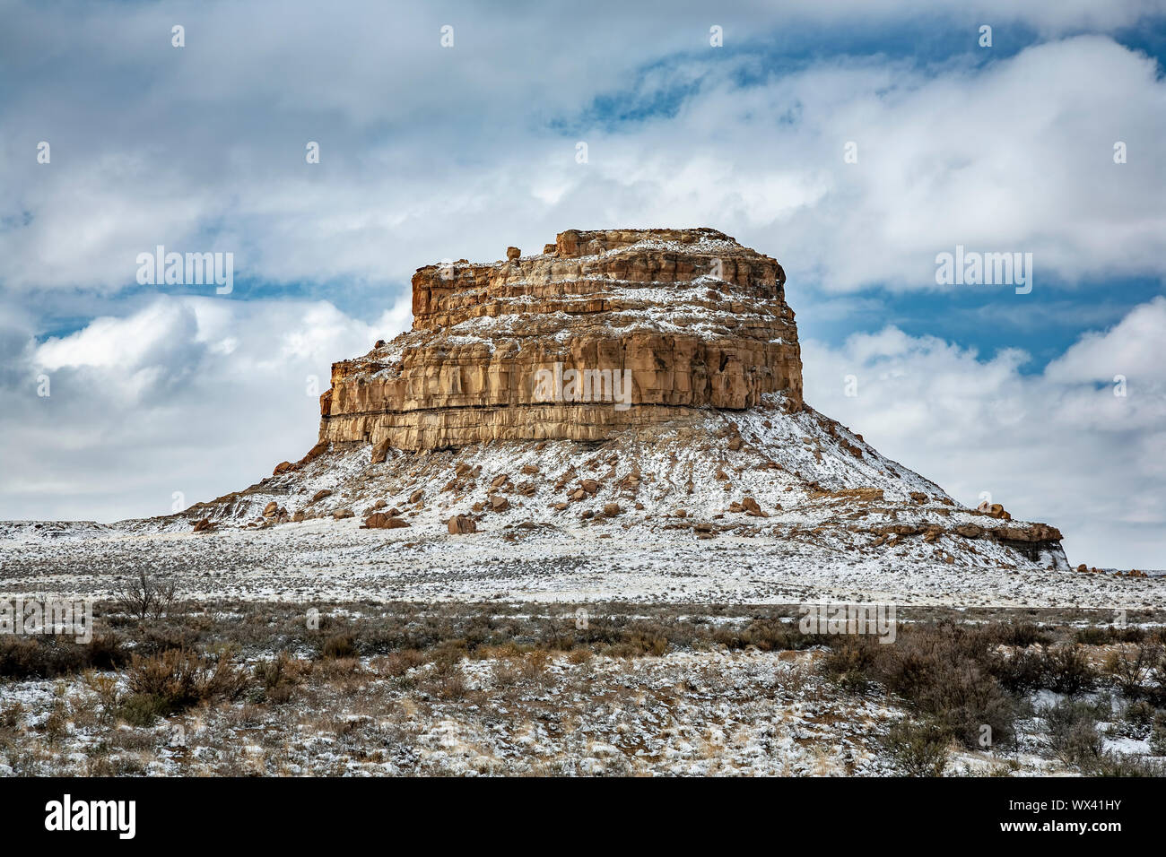 Fajada Butte under snow, Chaco Culture National Historical Park, New Mexico USA Stock Photo