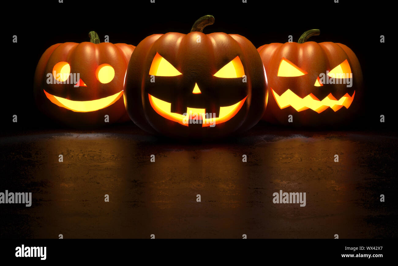 Group of Halloween Jack o Lanterns on dark background. 3D Rendering ...