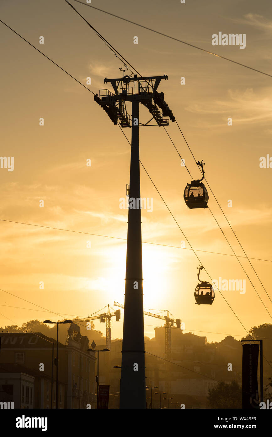 The gondola lift of Vila Nova de Gaia at sundown Stock Photo