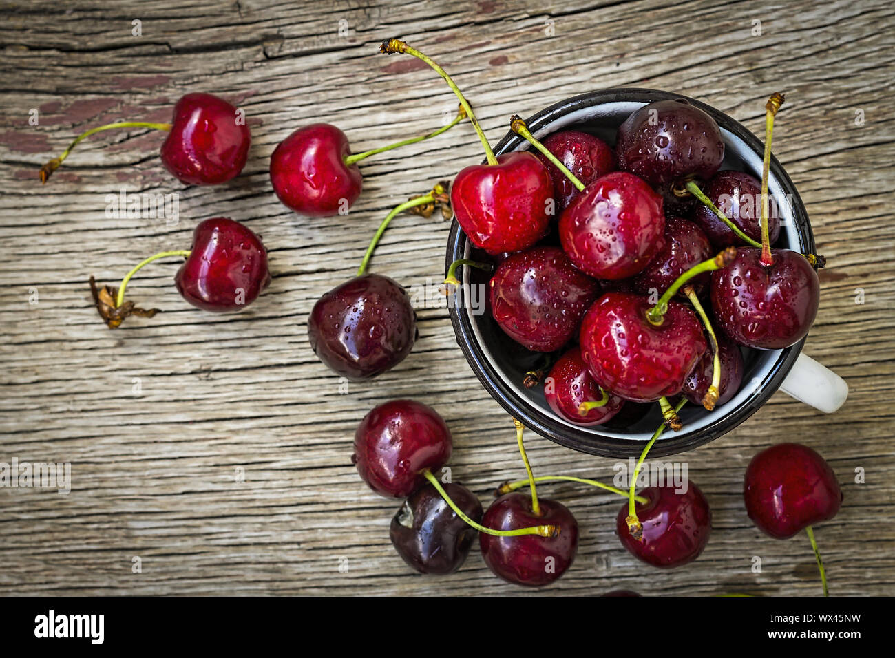 Ripe  cherry, sweet cherry,  fruit, sweet, organic, healthy, wooden background Stock Photo