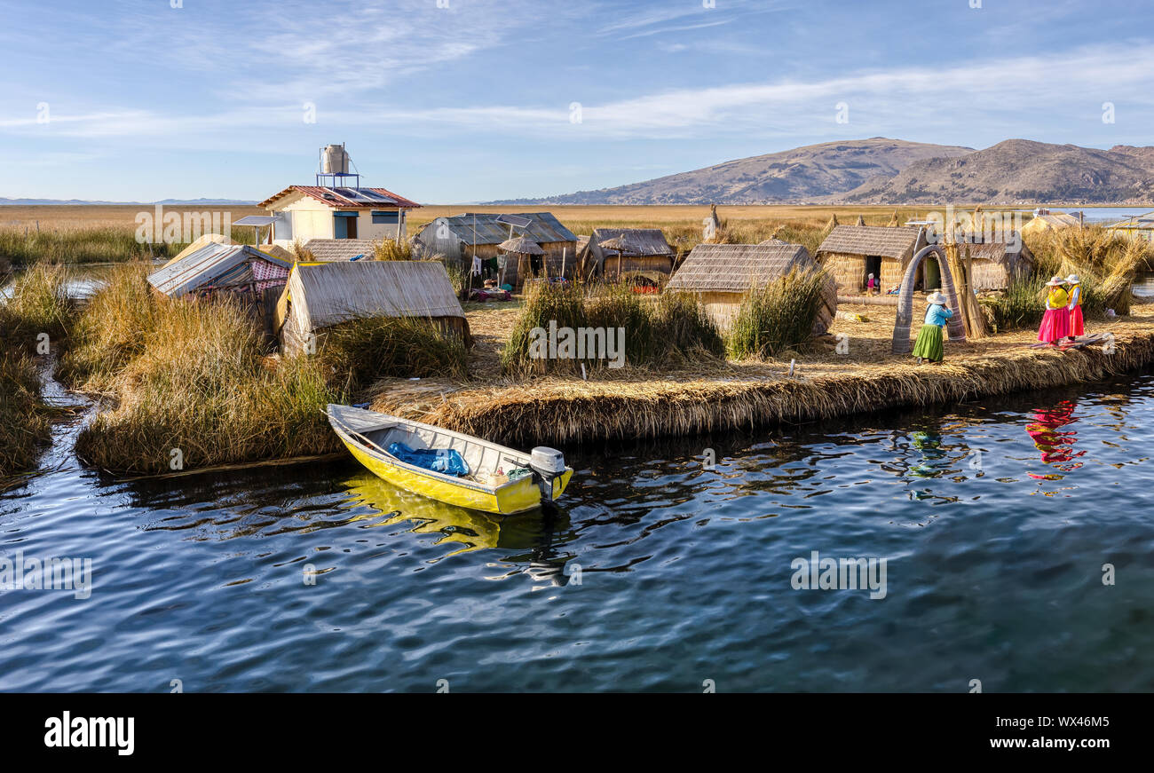 The floating and tourist Uros Islands of Lake Titicaca, Puno, Peru, South America Stock Photo