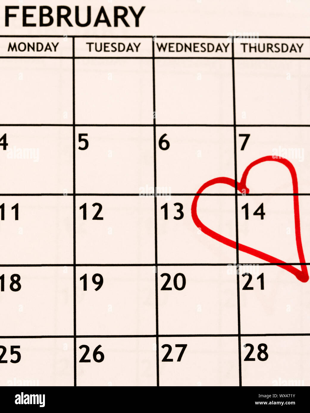 monthly calendar February detail view with a red heart drawn on the ...