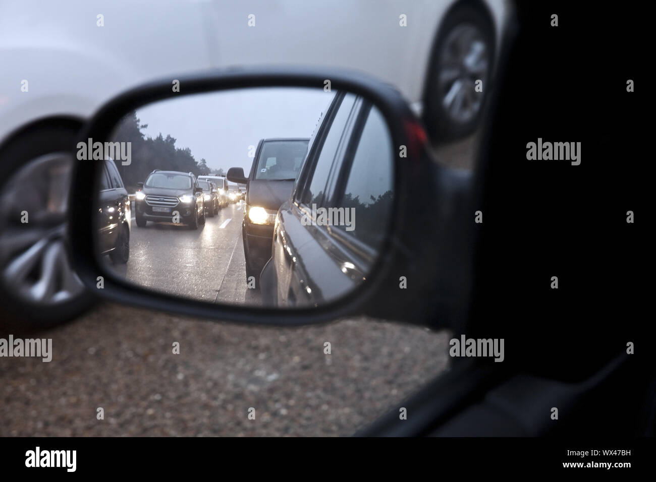 View from car at traffic jam on the highway A 7, Soltau, Lower Saxony, Germany, Europe Stock Photo