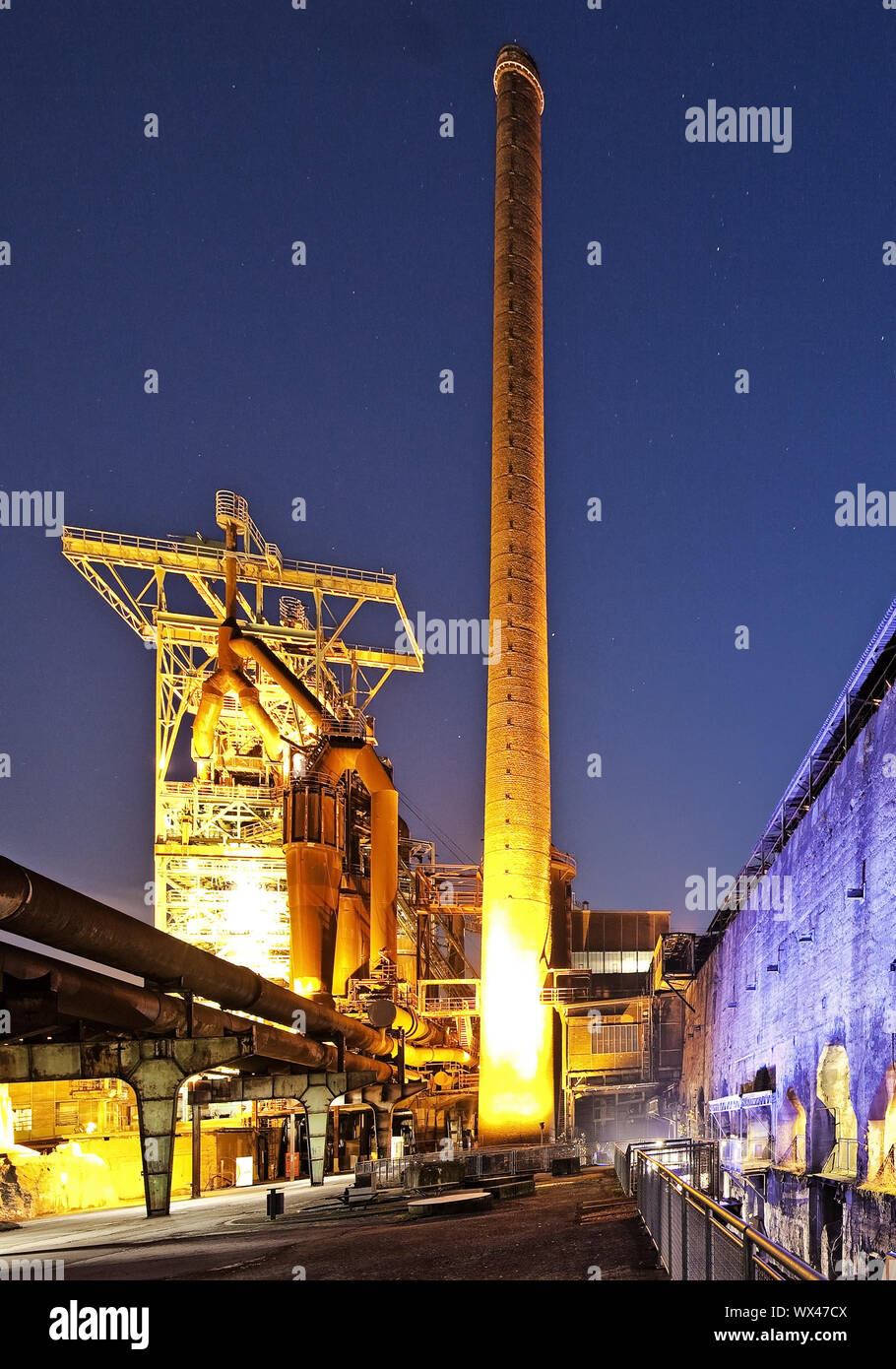 Illuminated Heinrichshuette with blast furnace, Hattingen, Ruhr area, Germany, Europe Stock Photo