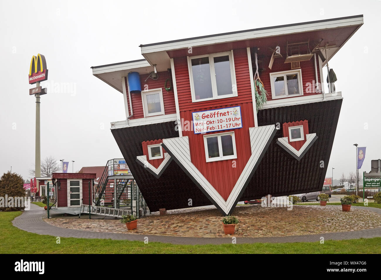 The crazy house, an upside down house with complete facility, Bispingen, Lower Saxony, Germany Stock Photo