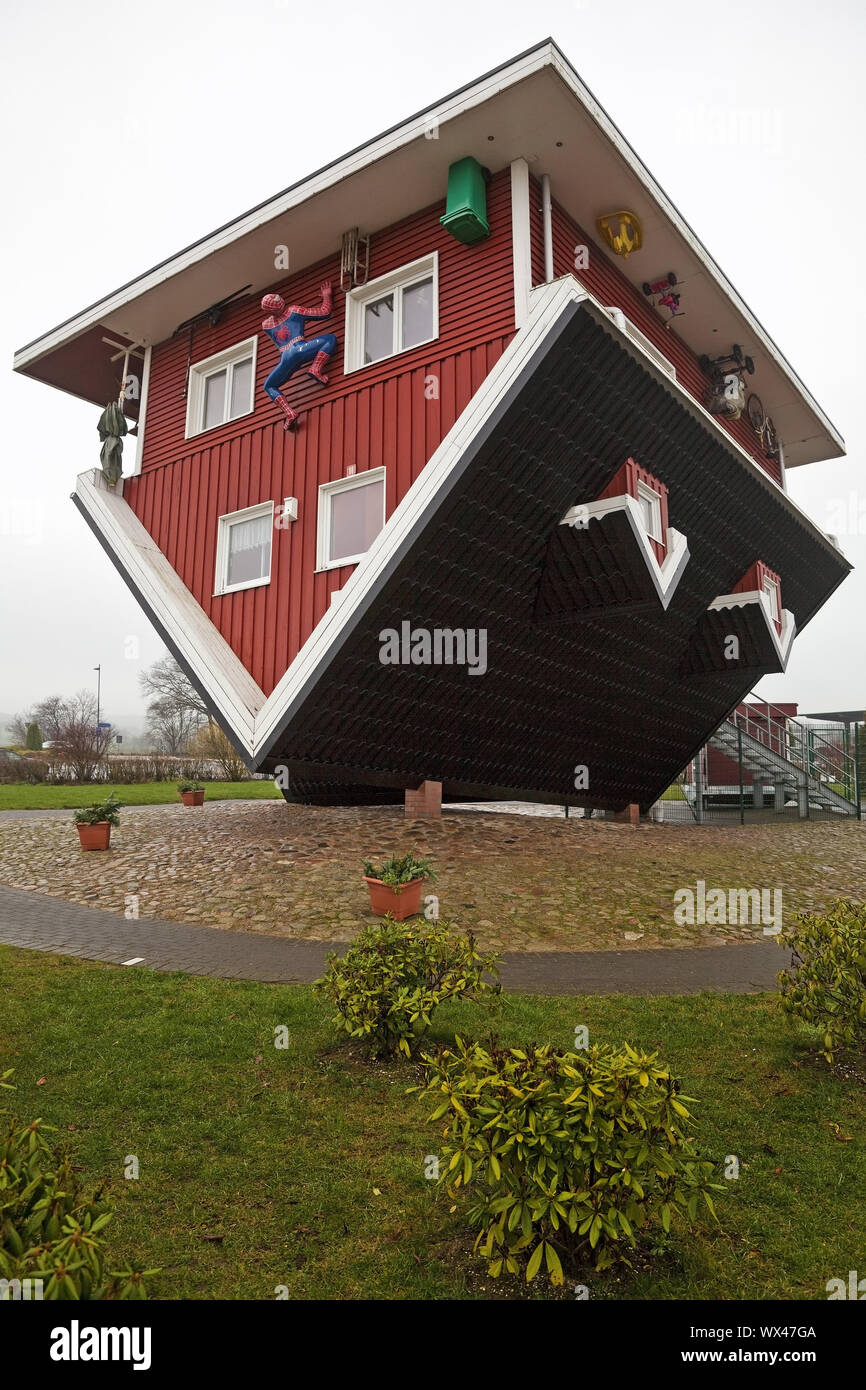 The crazy house, an upside down house with complete facility, Bispingen, Lower Saxony, Germany Stock Photo