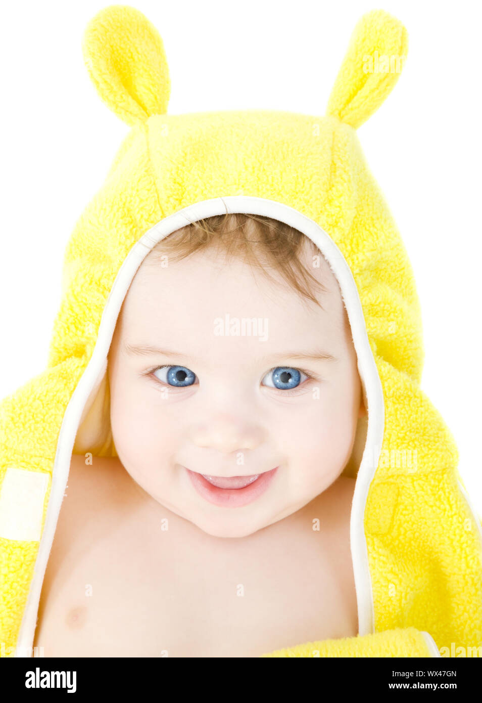happy baby with terry hoodie robe on head over white Stock Photo