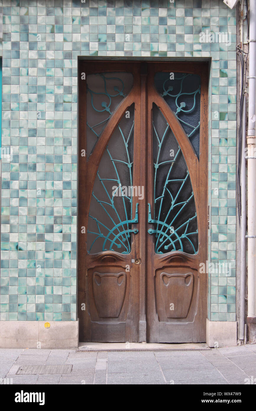 A doorway in a pharmacy shopfront in Nancy, north-eastern France, with Art Nouveau features.Nancy has a high concentration of Art Nouveau buildings. Stock Photo