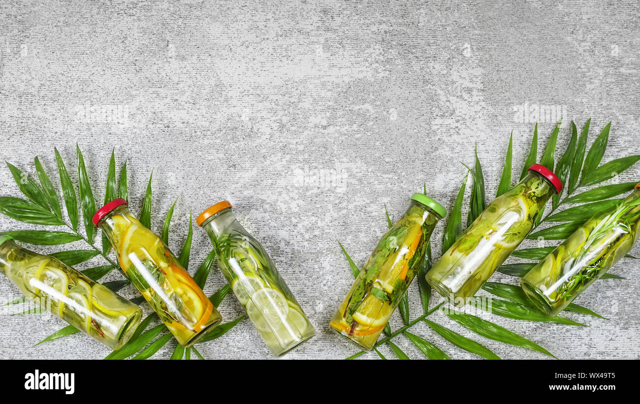 Detox drinks,  palm leaves,  Mojito, rosemary, summer, healthy Stock Photo