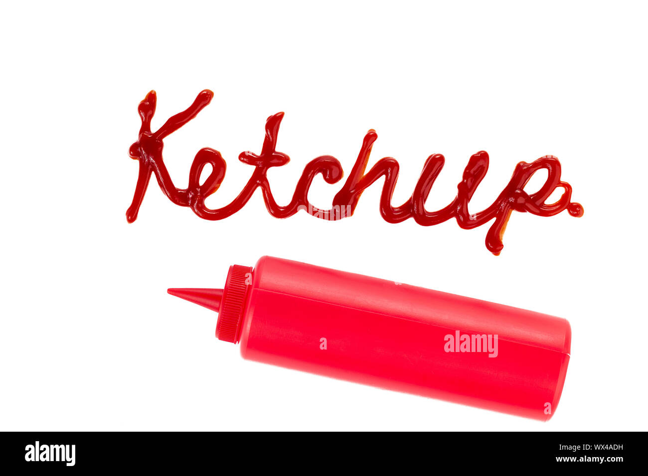 Image of a ketchup formed into words with squeeze dispenser against