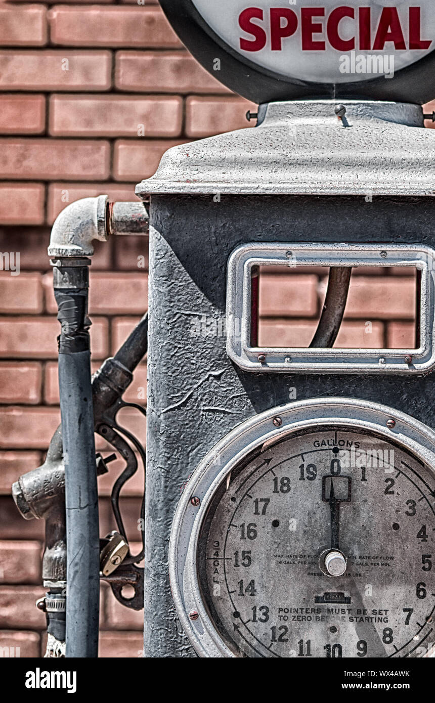 Lowell, AZ, USA / July 12, 2016 close up view of a historic fuel pump
