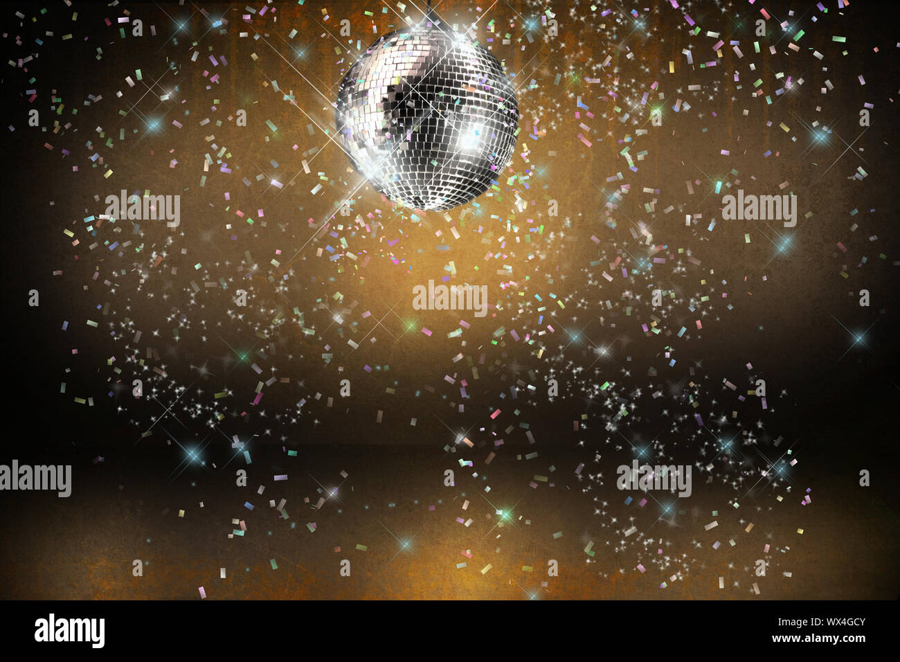 Disco ball with lights and confetti party background Stock Photo Alamy