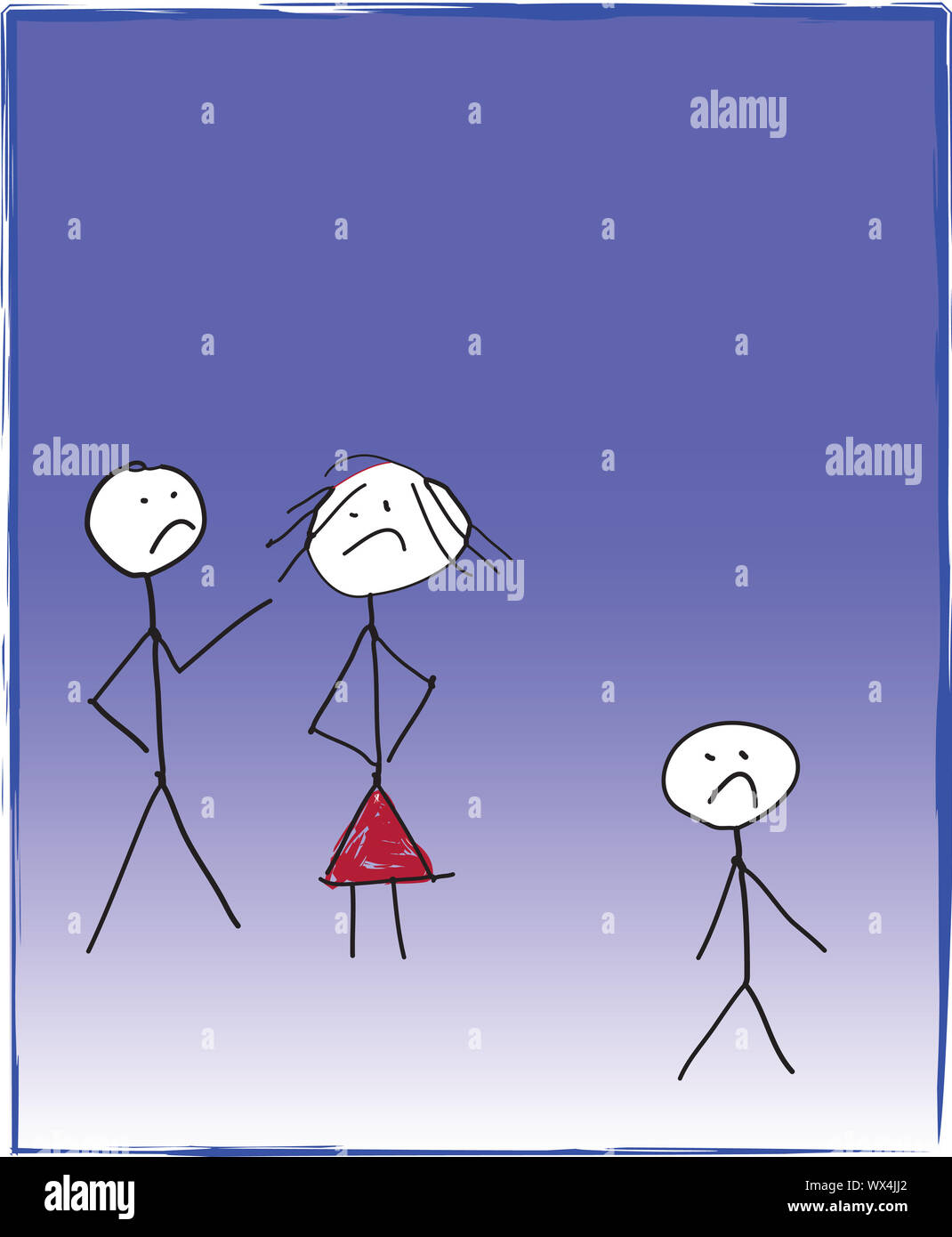 An angry couple fights and argues showing divorce or disagreement, while a child is in the corner very unhappy.  A child like drawing in vector format Stock Photo