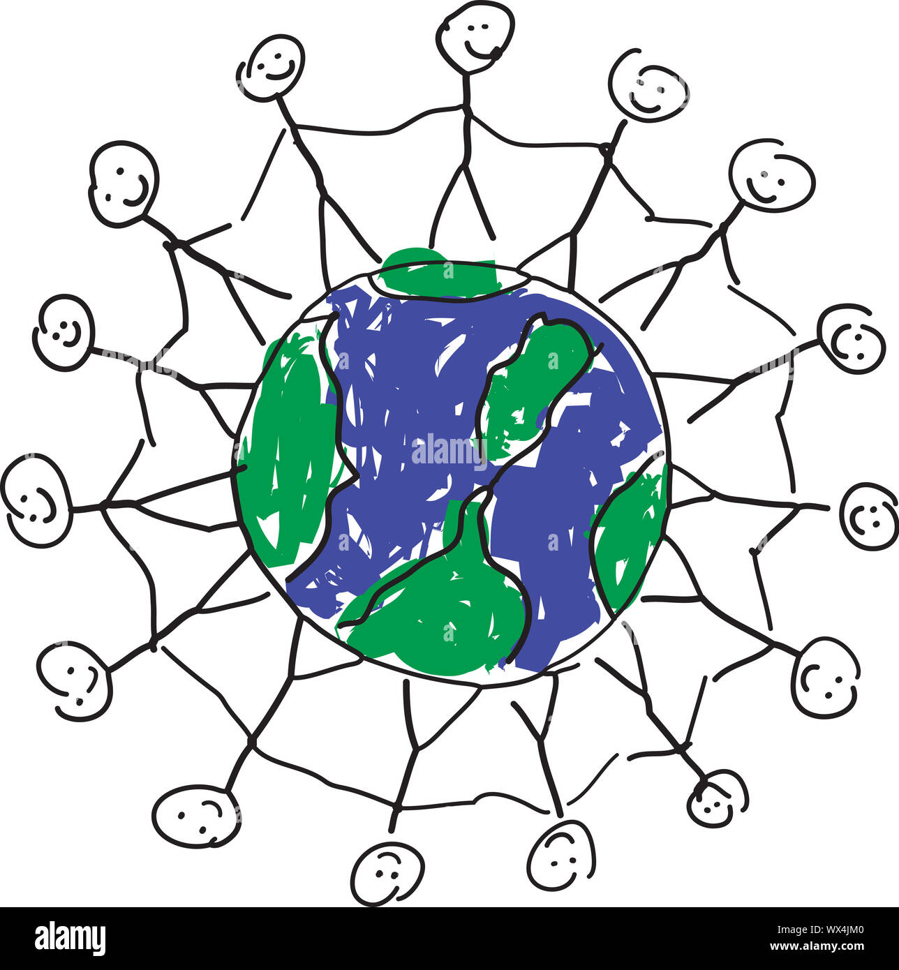 A child like drawing in vector format, displaying the world with people holding hands around it in friendship. Stock Photo