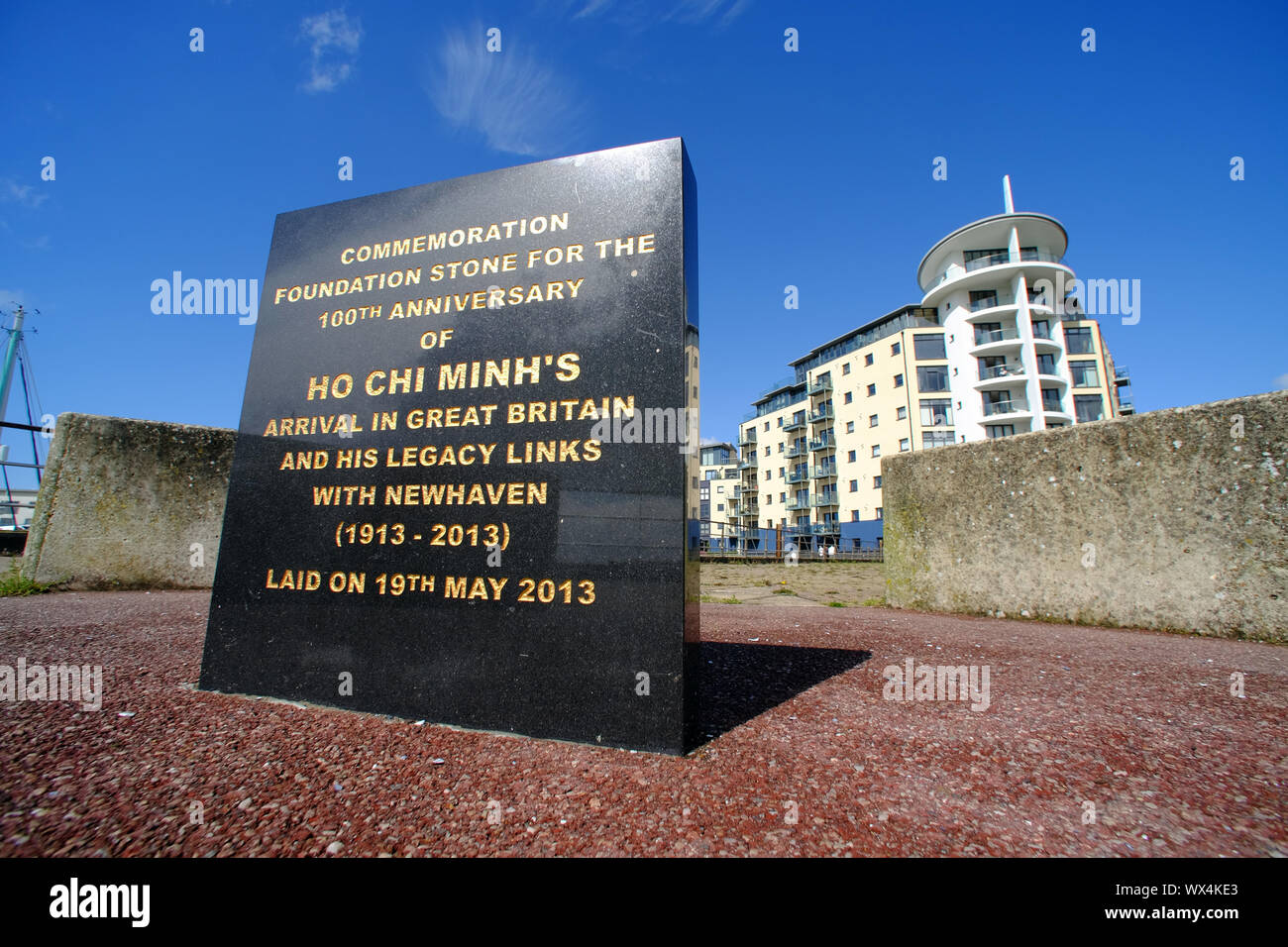 Commemorative stone for Ho Chi Minh's 100th anniversary arrival in Britain. Newhaven, East Sussex, UK Stock Photo