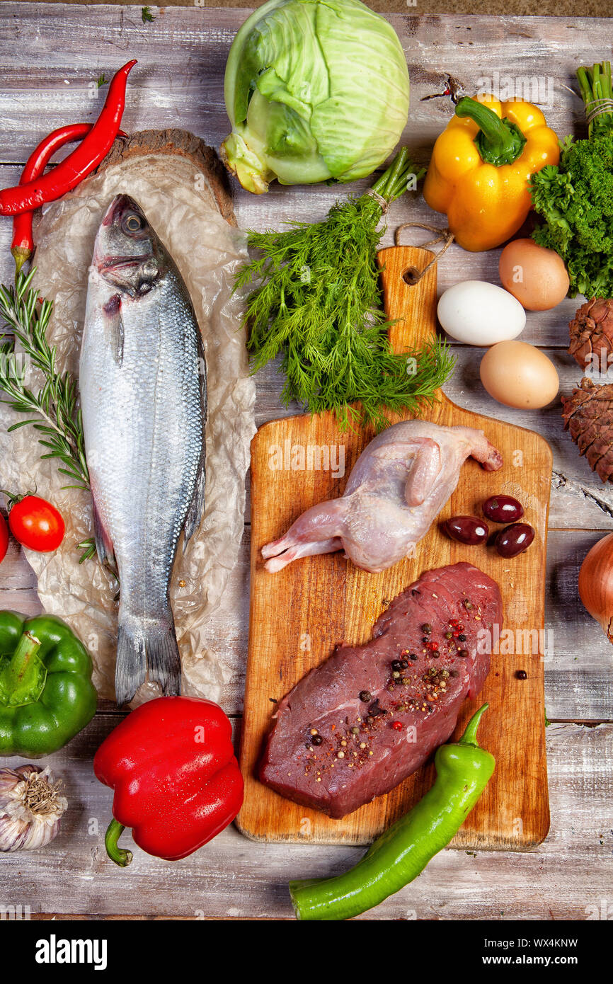 Chicken, Fish And Vegetables Stock Photo Alamy