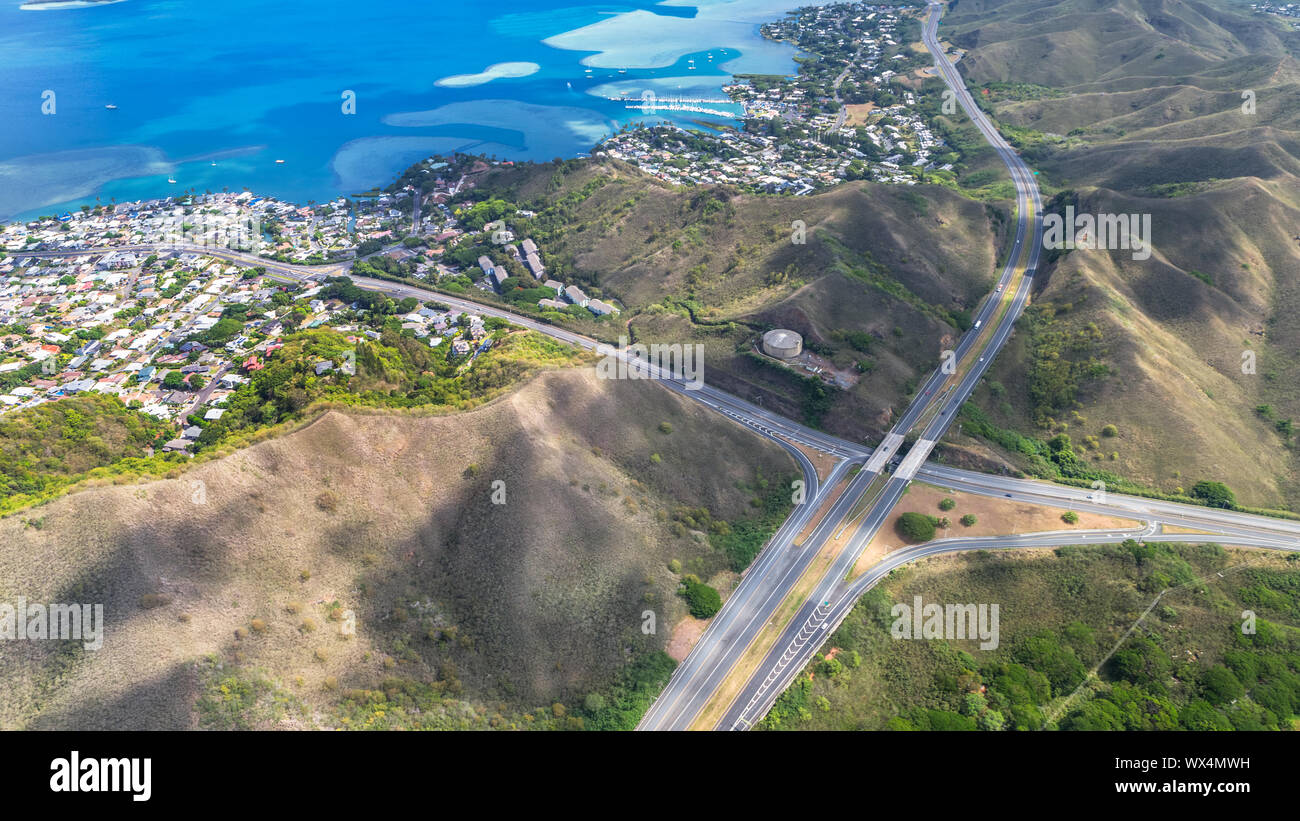 aerial view of highway in hawii Stock Photo
