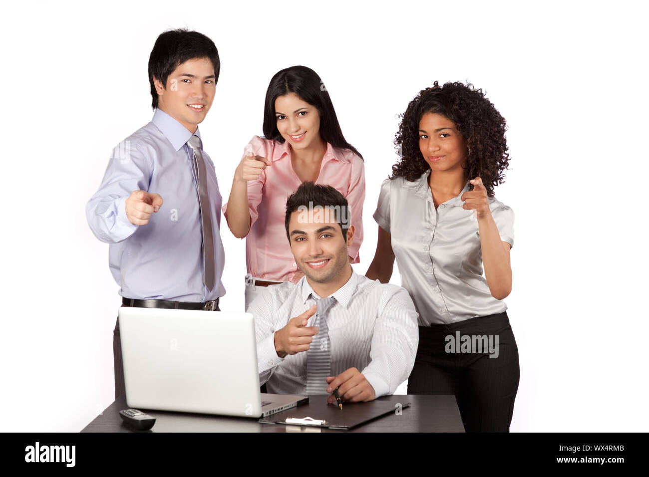 Businessman and businesswoman pointing finger at work isolated on white