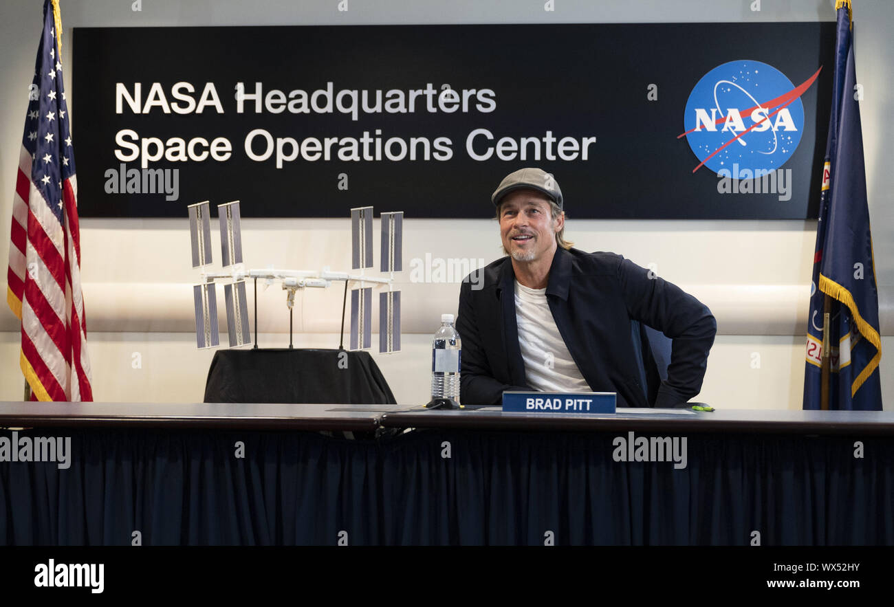 Washington, United States. 16th Sep, 2019. Actor Brad Pitt speaks with NASA astronaut Nick Hague who is onboard the International Space Station, on September 16, 2019, from the Space Operations Center at NASA Headquarters in Washington, DC. Pitt, who stars as an astronaut in his latest film 'Ad Astra,' spoke with Hague about what it's like to live and work aboard the orbiting laboratory. NASA Photo by Joel Kowsky/UPI Credit: UPI/Alamy Live News Stock Photo