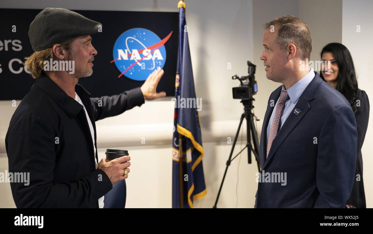 Washington, United States. 16th Sep, 2019. Actor Brad Pitt speaks NASA Administrator Jim Bridenstine on September 16, 2019, from the Space Operations Center at NASA Headquarters in Washington, DC. Pitt, who stars as an astronaut in his latest film 'Ad Astra,' spoke with Hague about what it's like to live and work aboard the orbiting laboratory. NASA Photo by Joel Kowsky/UPI Credit: UPI/Alamy Live News Stock Photo