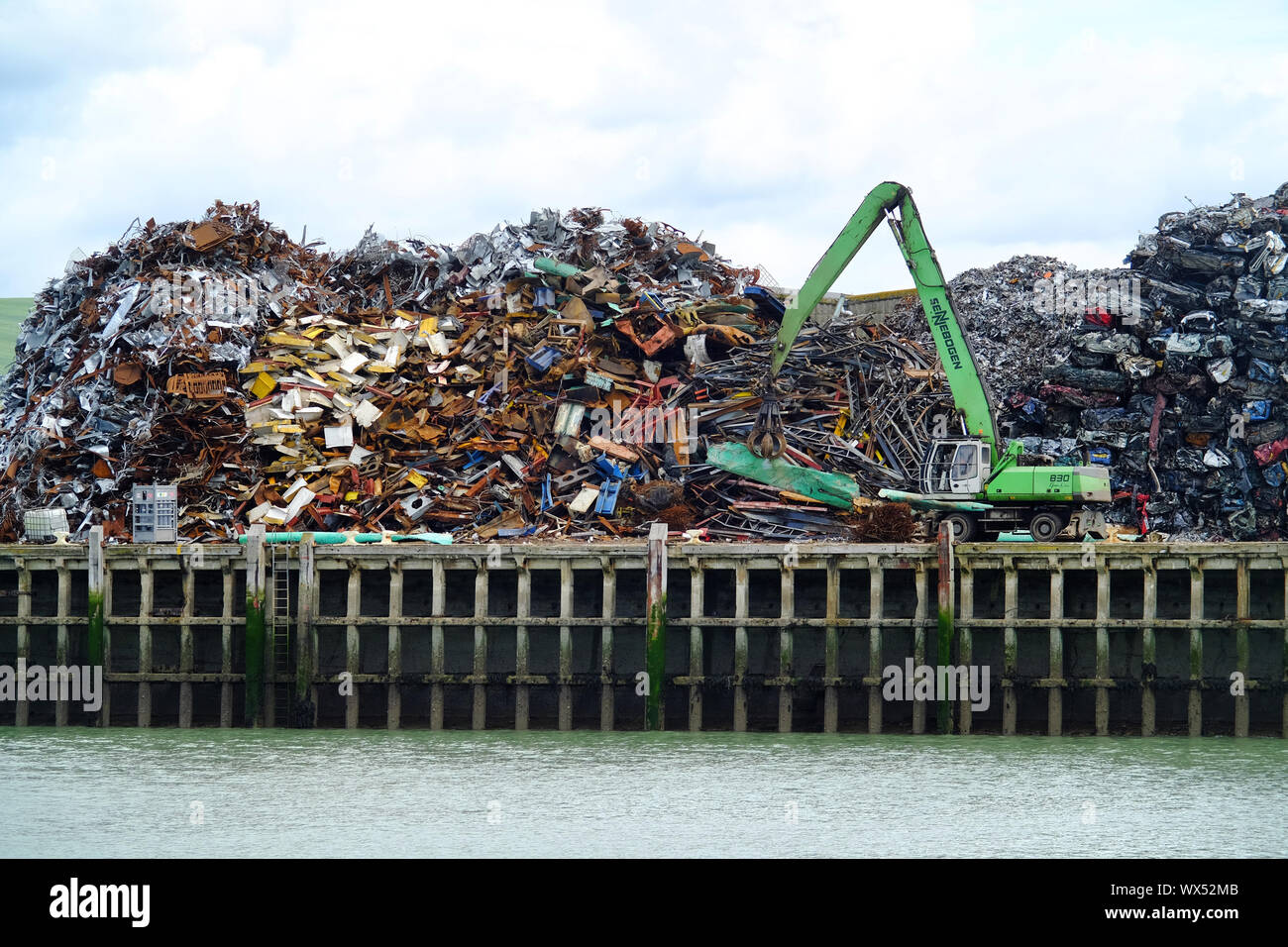 Scrap metal pile in Newhaven, East Sussex, situated next to the Marina and cross-channel ferry terminal. Stock Photo
