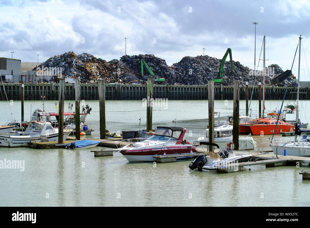 Scrap metal pile in Newhaven, East Sussex, situated next to the Marina and cross-channel ferry terminal. Stock Photo