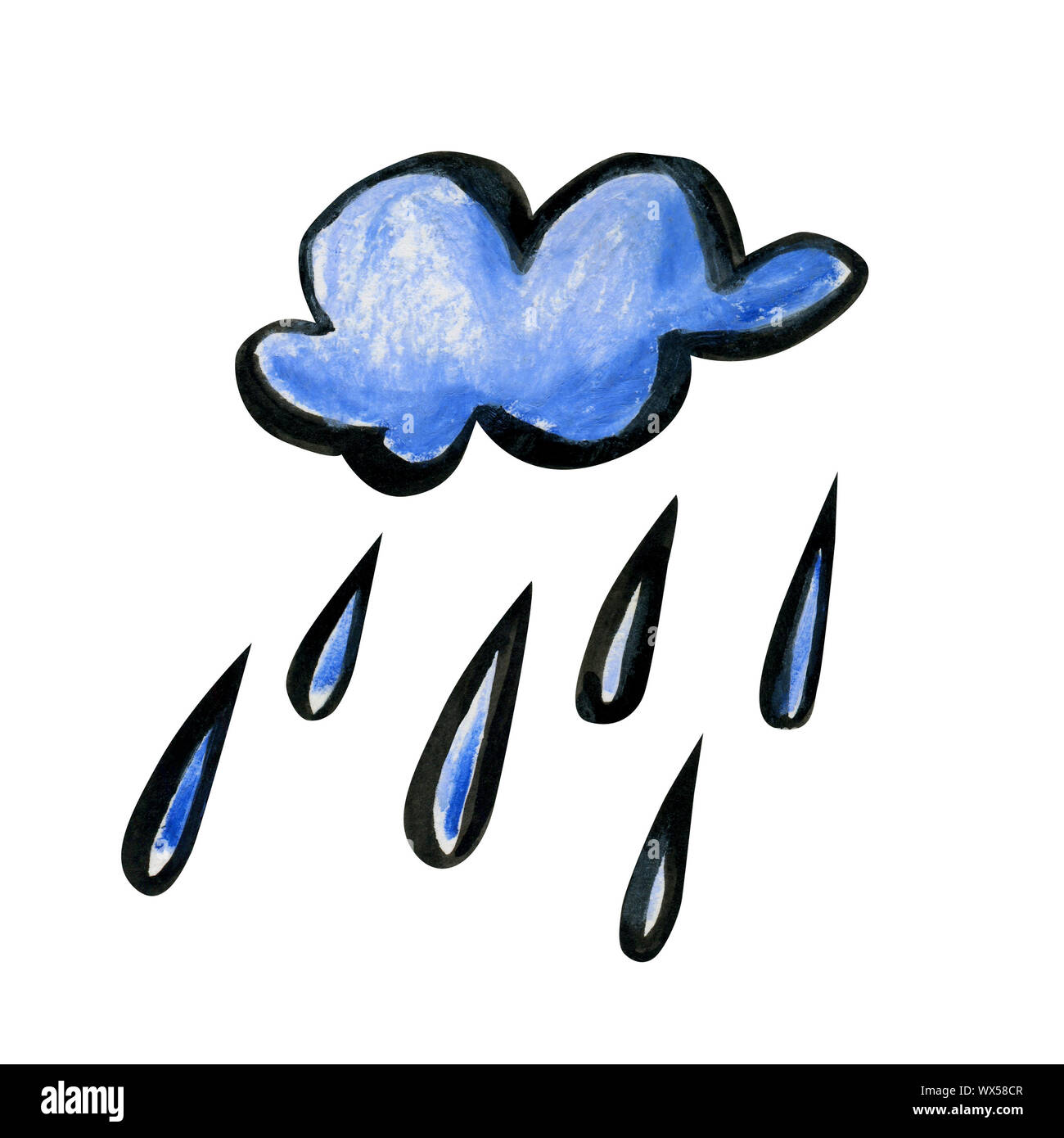 Bright cartoon rain cloud. White-blue cloud drawn by hand and isolated on a  white background. Soft fluffy round shape with a black outline and with la  Stock Photo - Alamy