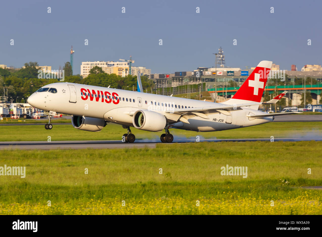 Warsaw, Poland – May 26, 2019: Swiss Airbus A220 CSeries airplane at Warsaw airport (WAW) in Poland. Stock Photo