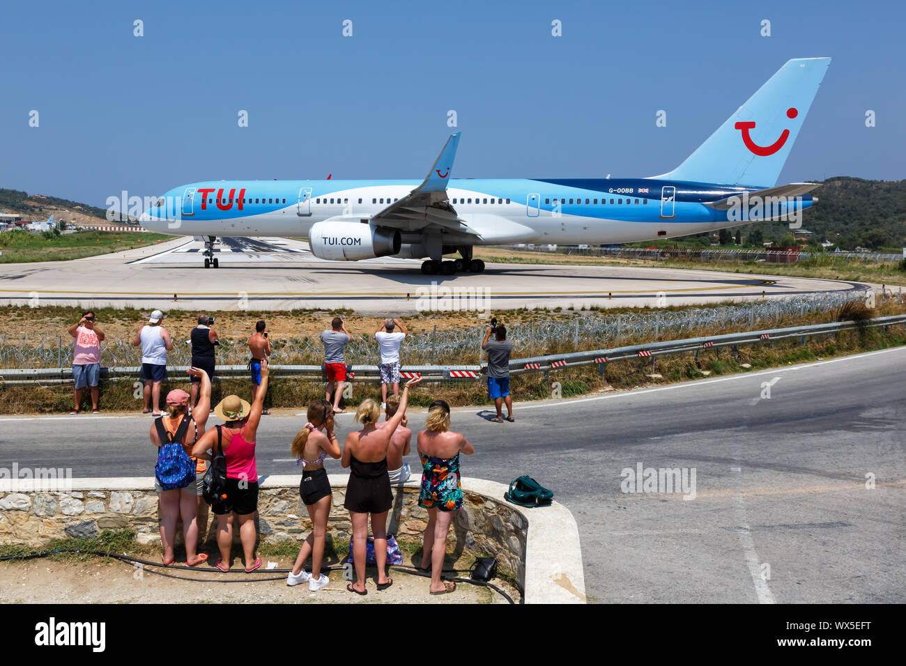 Skiathos, Greece – August 2, 2019: TUI Boeing 757-200 airplane at Skiathos airport (JSI) in Greece. Stock Photo