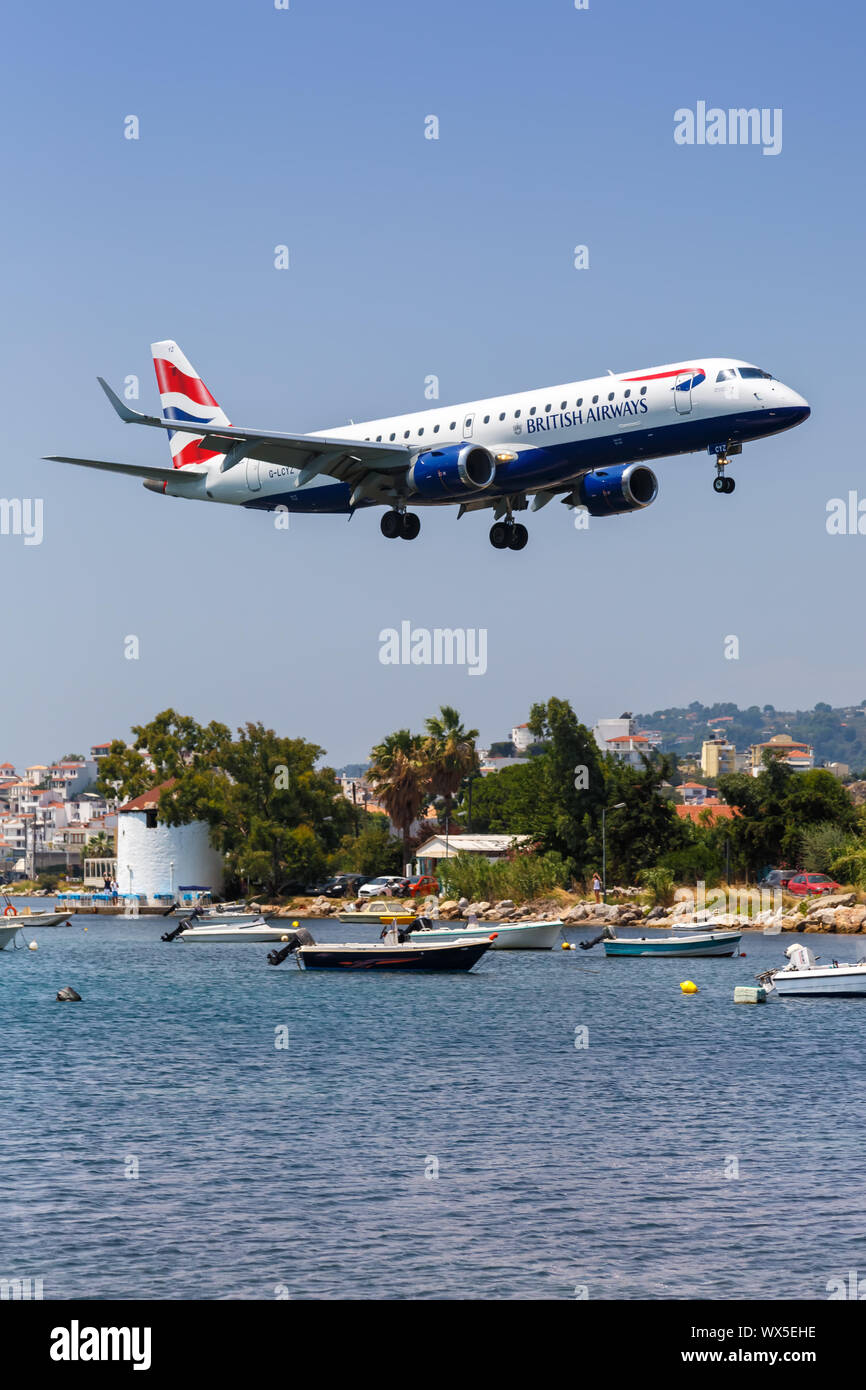 Skiathos, Greece – July 31, 2019: British Airways BA CityFlyer Embraer 190 airplane at Skiathos airport (JSI) in Greece. Stock Photo