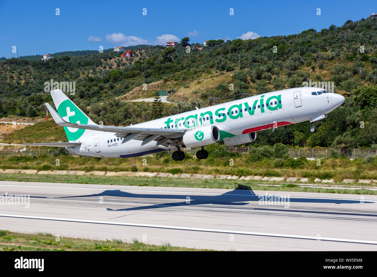 Skiathos, Greece – July 30, 2019: Transavia Boeing 737-800 airplane at Skiathos airport (JSI) in Greece. Stock Photo