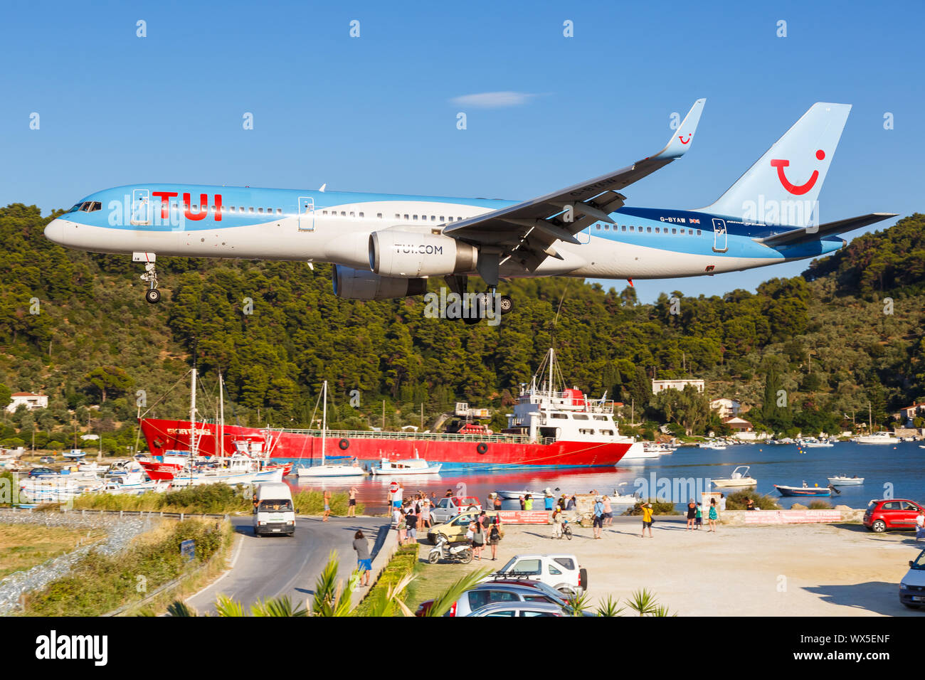 Skiathos, Greece – July 30, 2019: TUI Boeing 757-200 airplane at Skiathos airport (JSI) in Greece. Stock Photo