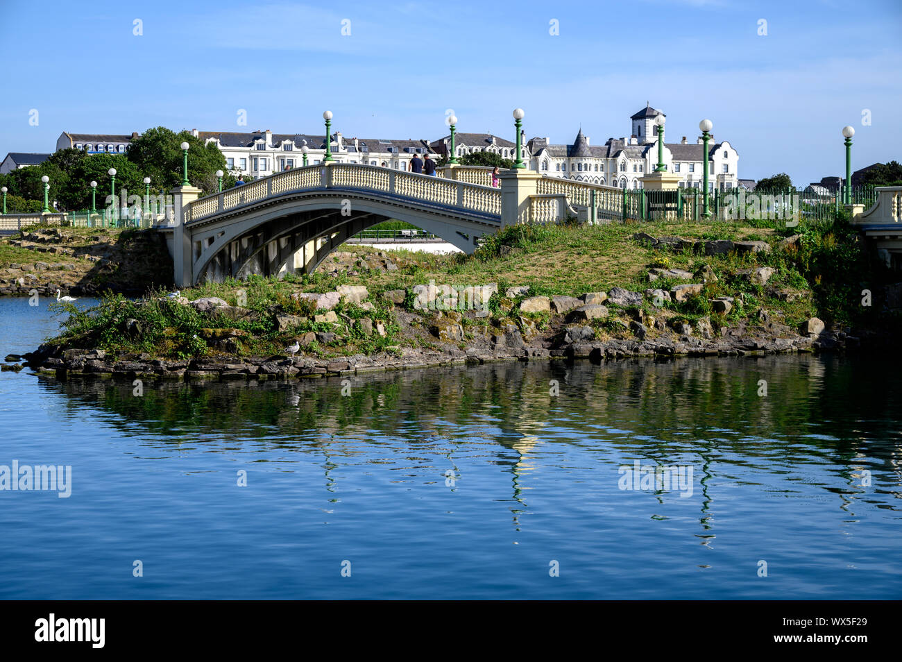 Amazing views of the Venetian bridge, the 'white bridge' spanning the marine lake, in Southport , England. Stock Photo