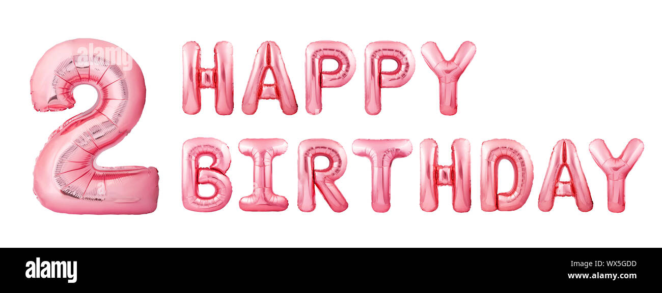 Words happy birthday made of rose gold inflatable balloons isolated on