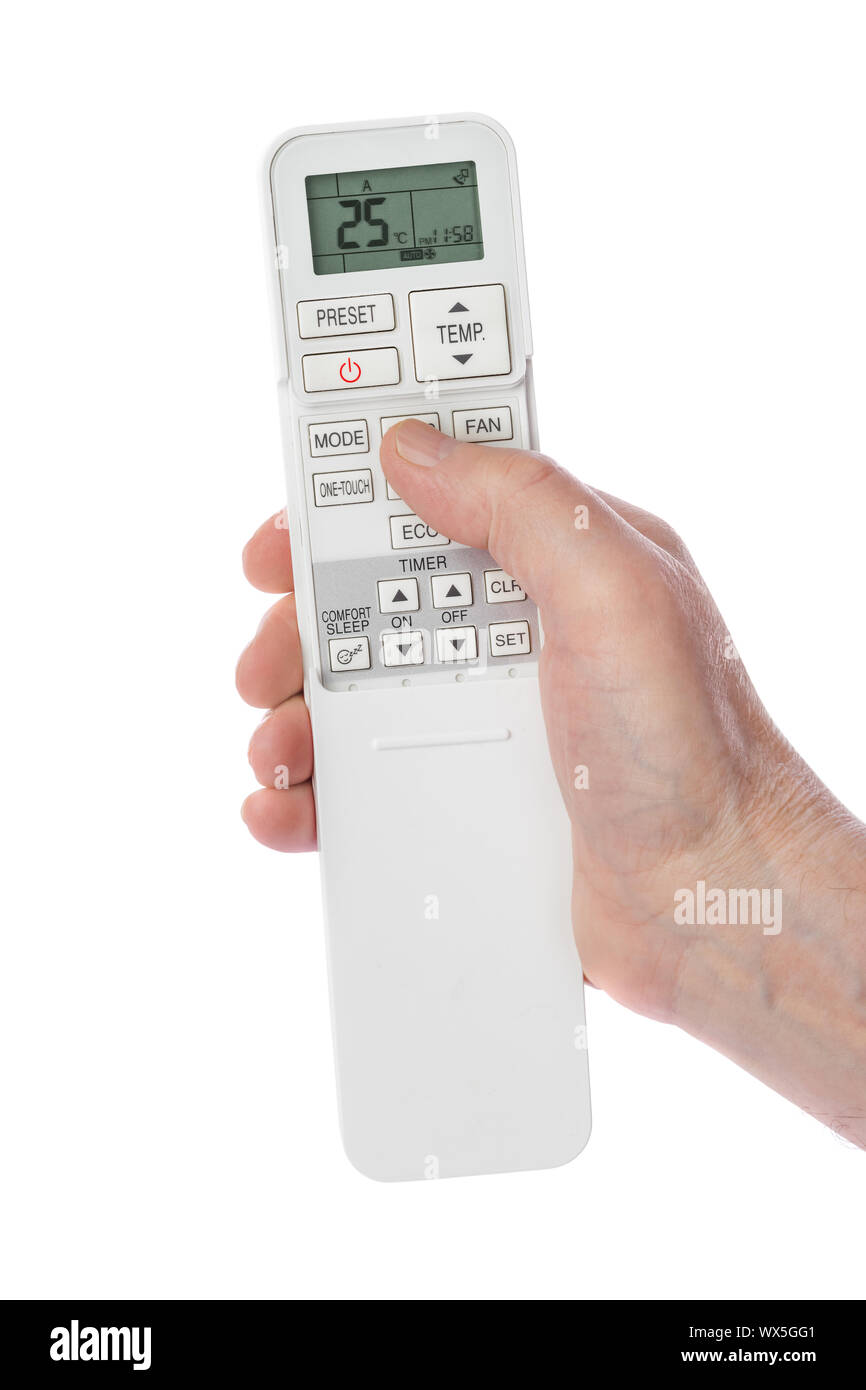 Remote control from air conditioner in hand Stock Photo