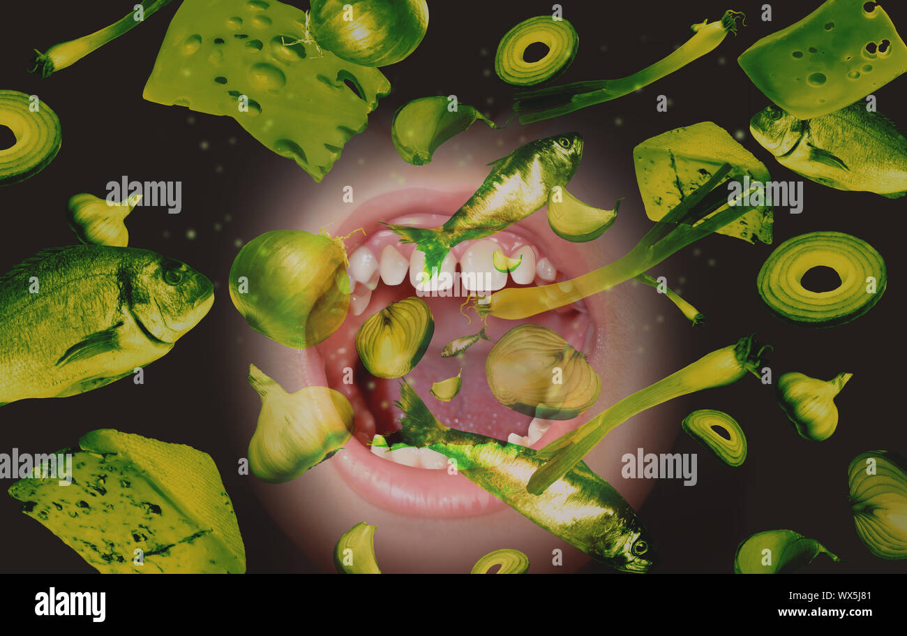 Halitosis and bad breath concept as a composite image. Stock Photo