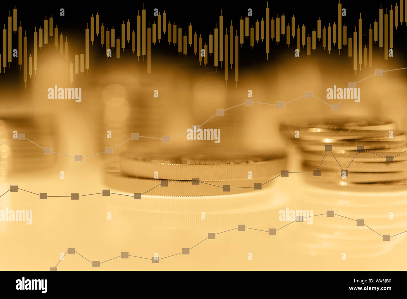 Graph and rows of gold coins for finance and business concept. Trade in precious metals. Stock Photo