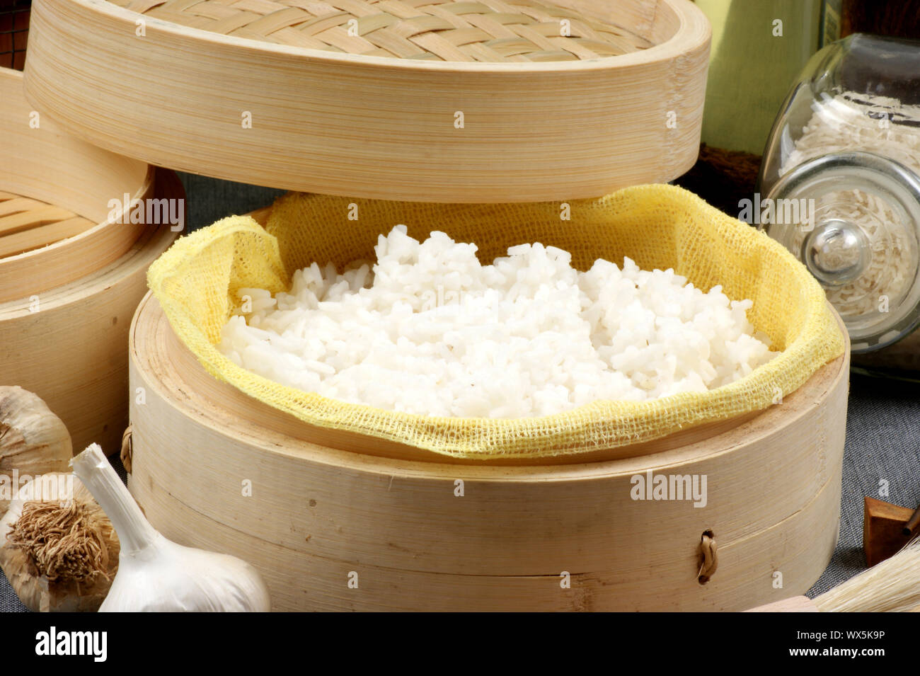 organic rice steamed in a bamboo steamer Stock Photo Alamy