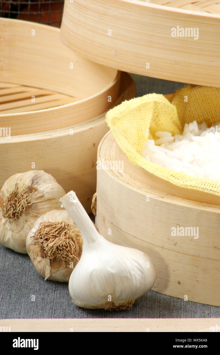 organic rice steamed in a bamboo steamer Stock Photo Alamy