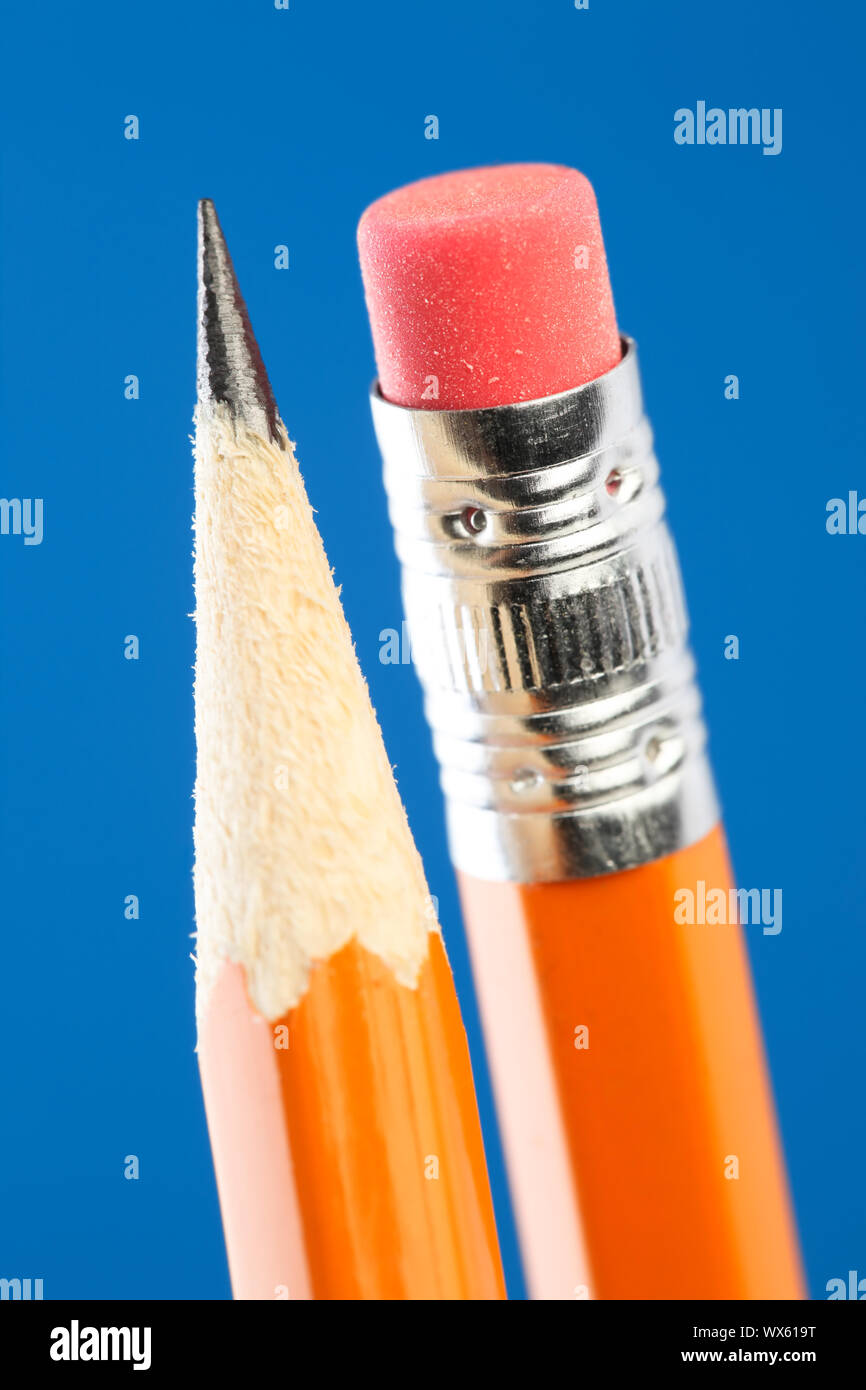 Close up of yellow pencil tip and eraser Stock Photo