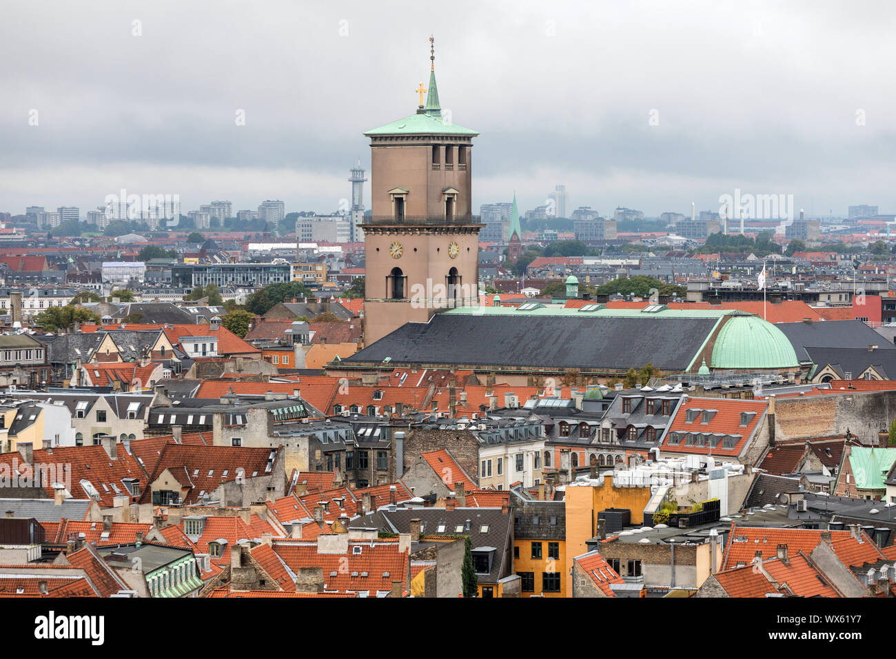 The skyline of Copenhagen, Denmark, with Denmark Cathedral, Vor Frue Kirke, prominent Stock Photo