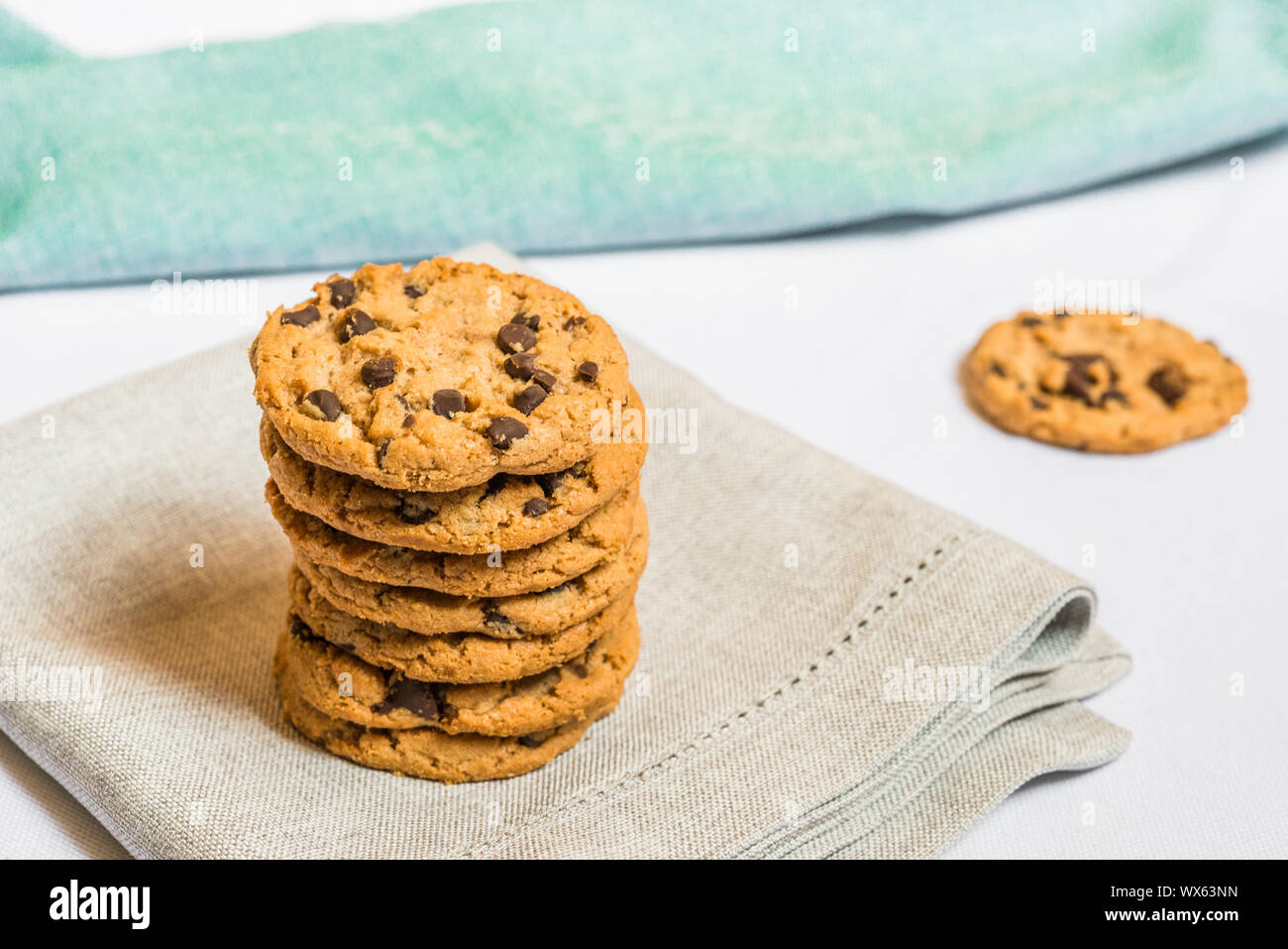 Colorful and tasty chocolate chip cookie. Concept of sweet food and dessert. Stock Photo