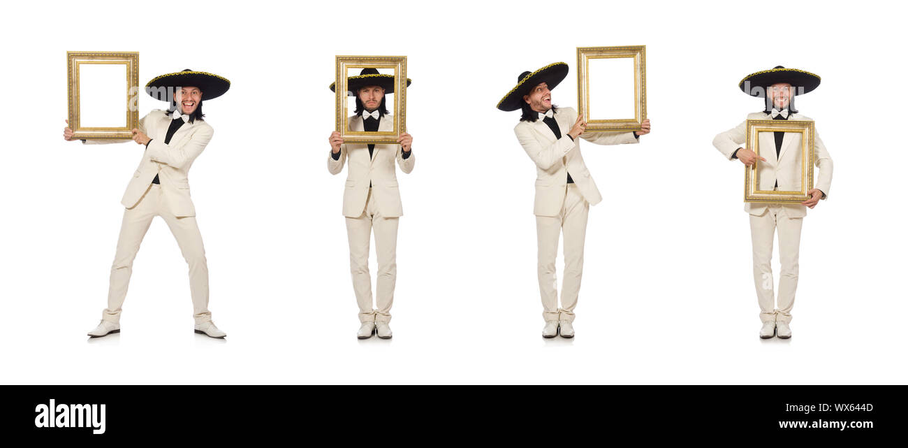 Funny mexican in suit holding photo frame isolated on white Stock Photo